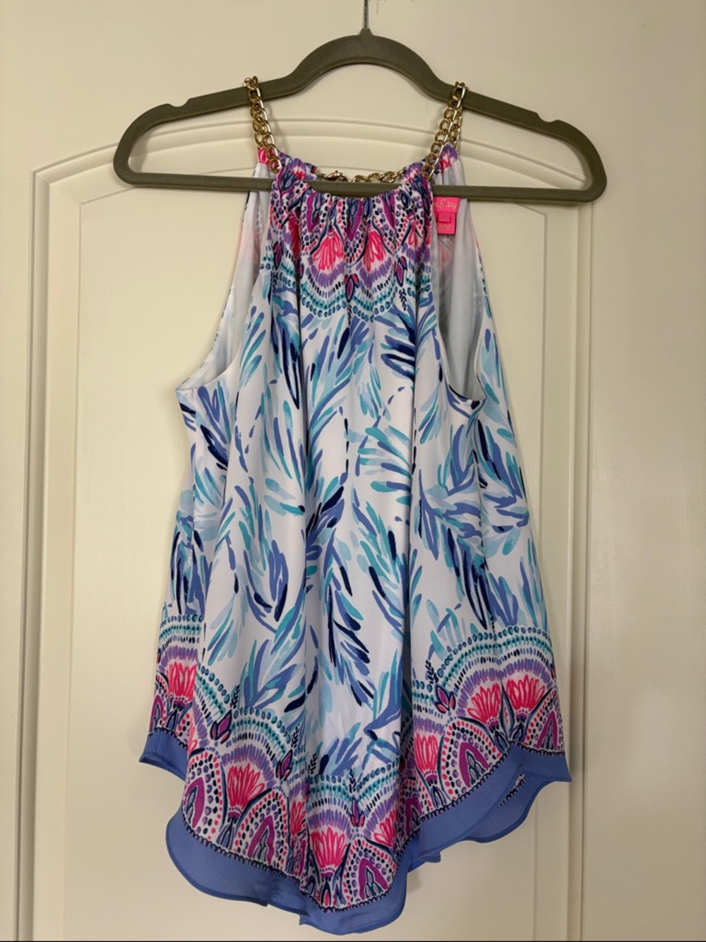 Lilly Pulitzer Blue, Pink & White Halter Camisole with Gold Chain Straps
